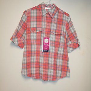 Riders by Lee Women's Shirt Size Small Peach Plaid Short Sleeve NWT Button Down